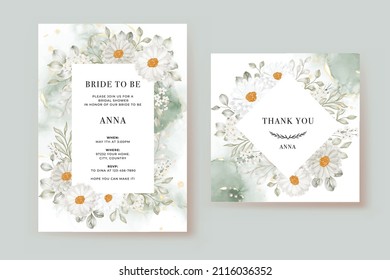 bridal shower invitation template with daisy white and greenery leaves watercolor