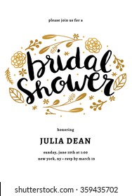 Bridal Shower Invitation Template. Floral Bridal Shower Template Card In Gold.