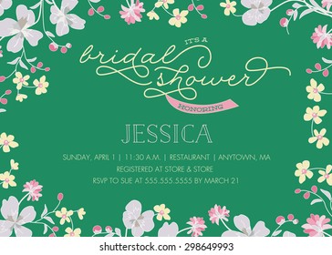 Bridal Shower Invitation Template with Green Background and Pink and Yellow Abstract Flowers - Vector