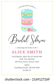 Bridal Shower Invitation Template. Illustration Of Macaron Stack Decorated With Roses. Vector 10 EPS.
