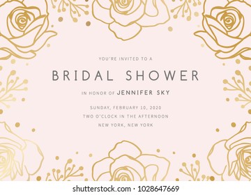 Bridal Shower Invitation Template. Bridal Shower Invite With Flowers On Pink Background