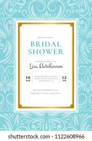 Bridal Shower Invitation Template.  Luxury blue color design with golden frame. Gorgeous illustration in baroque style. Decorative backdrop for invitation card, useful layout for marriage ceremony.