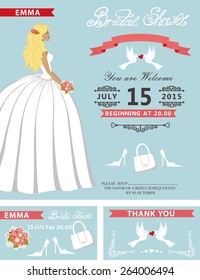 Bridal shower invitation template set.Lovely bride with accessories,flowers,  text,ribbon,swirling borders.White dress with long skirt.Wedding invitation,save date, thank you card.Cute vintage Vector