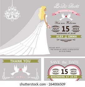 Bridal shower invitation template set.Lovely bride with veil,flowers, text,ribbon,swirling borders.White dress with long train  skirt .Wedding invitation,save date, thank you card.Cute vintage Vector