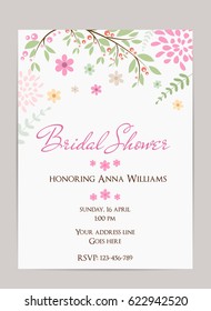 Bridal shower invitation template. Simple design with abstract flowers and branches.
