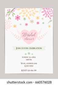 Bridal shower invitation template. Simple design with abstract flowers and branches