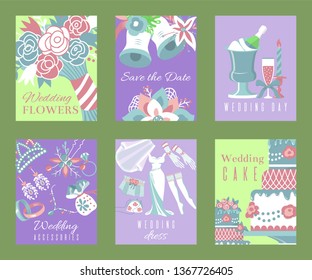 Bridal shower invitation vector illustration. Save the date. Wedding day, accessories set of cards. Marriage elements flower bouquet, dress, glass with champagne, cake, gloves, shoes, garters.