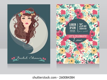 bridal shower invitation, wedding banner with beautiful bride, vector illustration