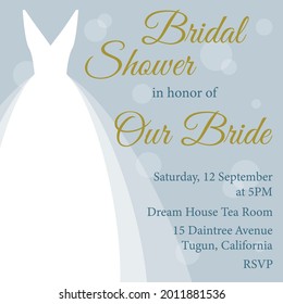 Bridal shower invitation with white dress on blue background. Flat vector illustration. 