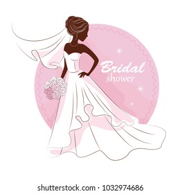 Bridal shower invitation. Young beautiful bride is in an elegant wedding dress. Vector illustration for your design.Invitation, greeting card, template for the bride show.