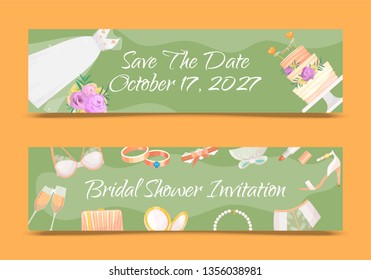 Bridal shower invitations set of banners vector illustration. Save the date. Wedding accessories such as flower bouquet, dress, glasses with champagne, cake, underwear, shoes.