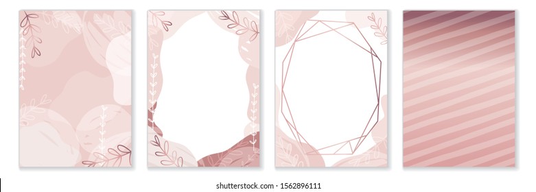 Bridal shower, modern wedding invitation template set with a patterned back side design. Sweet 16, Quinceañera dusty pink and rose gold decorative elements, abstract foliage and geometric frame.
