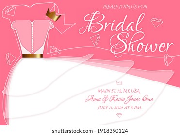 Bridal shower pink invitation card with white wedding dress