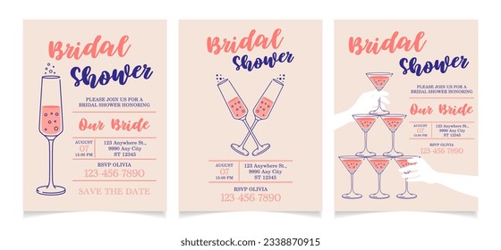 Diseño de tarjetas de invitación rosa para la ducha de novia. Ilustraciones de copas de champán con burbujas, vector. Burbujas de vino espumoso, concepto de boda. Evento, fiesta, presentación, promoción, menú.