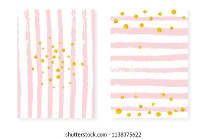 Bridal shower set with dots and sequins. Wedding invitation card with gold glitter confetti. Vertical stripes background. Vintage bridal shower set for party, event, save the date flyer.
