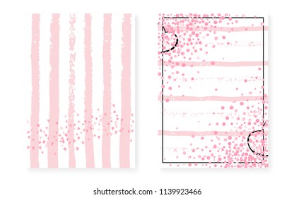 Bridal shower set with dots and sequins. Wedding invitation card with pink glitter confetti. Vertical stripes background. Creative bridal shower set for party, event, save the date flyer.