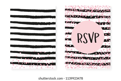 Bridal shower set with dots and sequins. Wedding invitation card with pink glitter confetti. Vertical stripes background. Creative bridal shower set for party, event, save the date flyer.