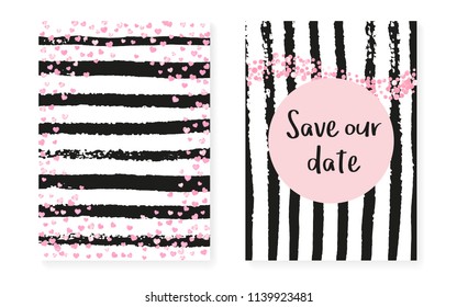 Bridal shower set with dots and sequins. Wedding invitation card with pink glitter confetti. Vertical stripes background. Hipster bridal shower set for party, event, save the date flyer.
