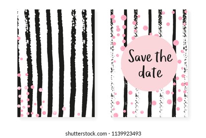 Bridal shower set with dots and sequins. Wedding invitation card with pink glitter confetti. Vertical stripes background. Creative bridal shower set for party, event, save the date flyer.