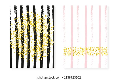 Bridal shower set with dots and sequins. Wedding invitation card with gold glitter confetti. Vertical stripes background. Stylish bridal shower set for party, event, save the date flyer.