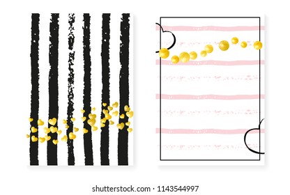 Bridal shower set with dots and sequins. Wedding invitation card with gold glitter confetti. Vertical stripes background. Retro bridal shower set for party, event, save the date flyer.
