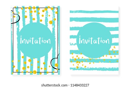 Bridal shower set with dots and sequins. Wedding invitation card with gold glitter confetti. Vertical turquoise stripes background. Elegant bridal shower set for party, event, save the date flyer