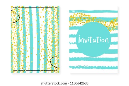 Bridal shower set with dots and sequins. Wedding invitation card with gold glitter confetti. Vertical turquoise stripes background. Creative bridal shower set for party, event, save the date flyer