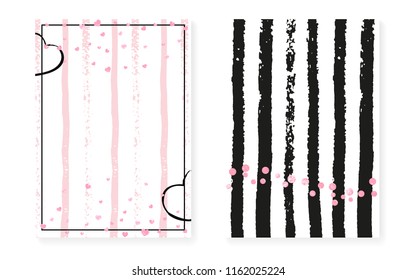 Bridal shower set with dots and sequins. Wedding invitation card with pink glitter confetti. Vertical stripes background. Trendy bridal shower set for party, event, save the date flyer.