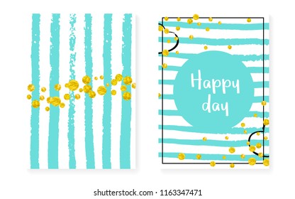 Bridal shower set with dots and sequins. Wedding invitation card with gold glitter confetti. Vertical stripes background. Hipster bridal shower set for party, event, save the date flyer.