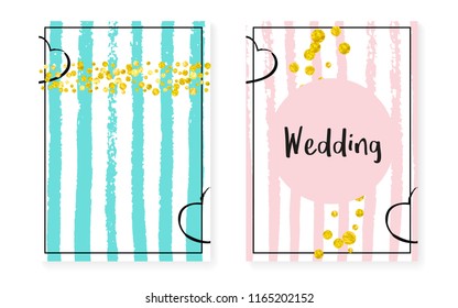 Bridal shower set with dots and sequins. Wedding invitation card with gold glitter confetti. Vertical stripes background. Tender bridal shower set for party, event, save the date flyer.