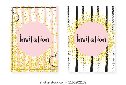 Bridal shower set with dots and sequins. Wedding invitation card with gold glitter confetti. Vertical stripes background. Luxury bridal shower set for party, event, save the date flyer.