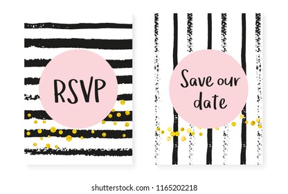 Bridal shower set with dots and sequins. Wedding invitation card with gold glitter confetti. Vertical stripes background. Vintage bridal shower set for party, event, save the date flyer.