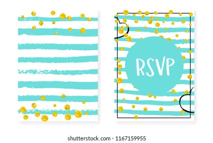 Bridal shower set with dots and sequins. Wedding invitation card with gold glitter confetti. Vertical turquoise stripes background. Vintage bridal shower set for party, event, save the date flyer