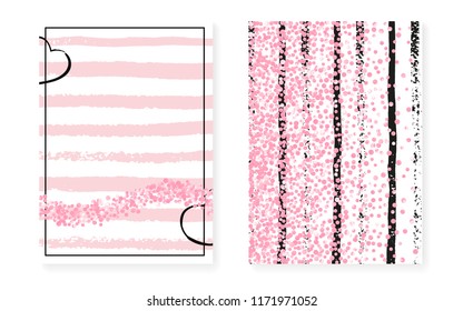 Bridal shower set with dots and sequins. Wedding invitation card with pink glitter confetti. Vertical stripes background. Retro bridal shower set for party, event, save the date flyer.