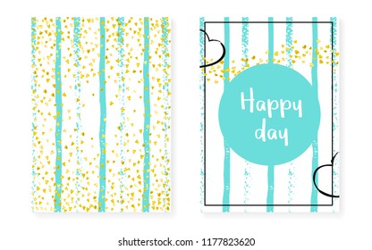 Bridal shower set with dots and sequins. Wedding invitation card with gold glitter confetti. Vertical turquoise stripes background. Luxury bridal shower set for party, event, save the date flyer