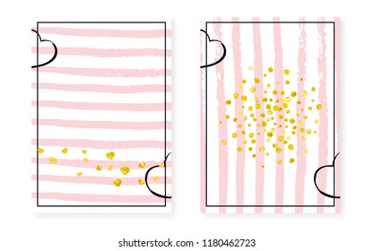Bridal shower set with dots and sequins. Wedding invitation card with gold glitter confetti. Vertical stripes background. Creative bridal shower set for party, event, save the date flyer.