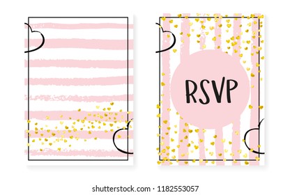 Bridal shower set with dots and sequins. Wedding invitation card with gold glitter confetti. Vertical stripes background. Hipster bridal shower set for party, event, save the date flyer.