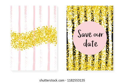 Bridal shower set with dots and sequins. Wedding invitation card with gold glitter confetti. Vertical stripes background. Stylish bridal shower set for party, event, save the date flyer.