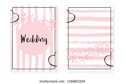 Bridal shower set with dots and sequins. Wedding invitation card with pink glitter confetti. Vertical stripes background. Fashion bridal shower set for party, event, save the date flyer.