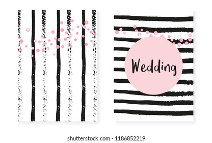 Bridal shower set with dots and sequins. Wedding invitation card with pink glitter confetti. Vertical stripes background. Creative bridal shower set for party, event, save the date flyer.