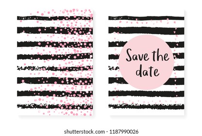 Bridal shower set with dots and sequins. Wedding invitation card with pink glitter confetti. Vertical stripes background. Tender bridal shower set for party, event, save the date flyer.