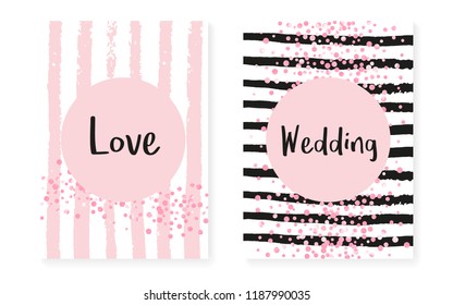 Bridal shower set with dots and sequins. Wedding invitation card with pink glitter confetti. Vertical stripes background. Tender bridal shower set for party, event, save the date flyer.