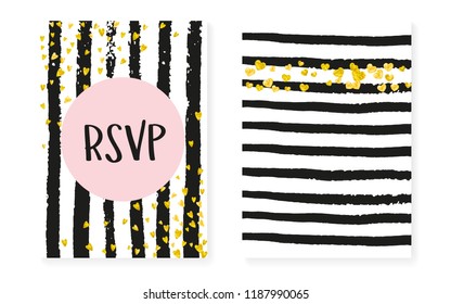 Bridal shower set with dots and sequins. Wedding invitation card with gold glitter confetti. Vertical stripes background. Luxury bridal shower set for party, event, save the date flyer.