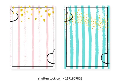 Bridal shower set with dots and sequins. Wedding invitation card with gold glitter confetti. Vertical stripes background. Trendy bridal shower set for party, event, save the date flyer.