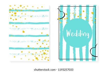 Bridal shower set with dots and sequins. Wedding invitation card with gold glitter confetti. Vertical turquoise stripes background. Stylish bridal shower set for party, event, save the date flyer