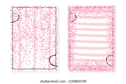Bridal shower set with dots and sequins. Wedding invitation card with pink glitter confetti. Vertical stripes background. Elegant bridal shower set for party, event, save the date flyer.