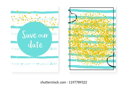 Bridal shower set with dots and sequins. Wedding invitation card with gold glitter confetti. Vertical stripes background. Creative bridal shower set for party, event, save the date flyer.