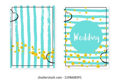 Bridal shower set with dots and sequins. Wedding invitation card with gold glitter confetti. Vertical stripes background. Stylish bridal shower set for party, event, save the date flyer.