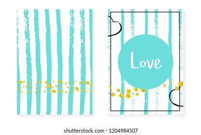 Bridal shower set with dots and sequins. Wedding invitation card with gold glitter confetti. Vertical turquoise stripes background. Luxury bridal shower set for party, event, save the date flyer
