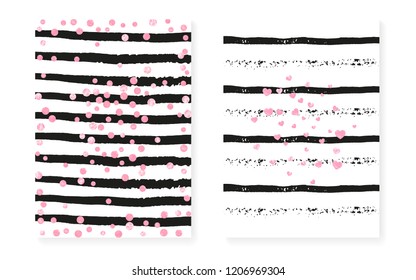 Bridal shower set with dots and sequins. Wedding invitation card with pink glitter confetti. Vertical stripes background. Hipster bridal shower set for party, event, save the date flyer.
